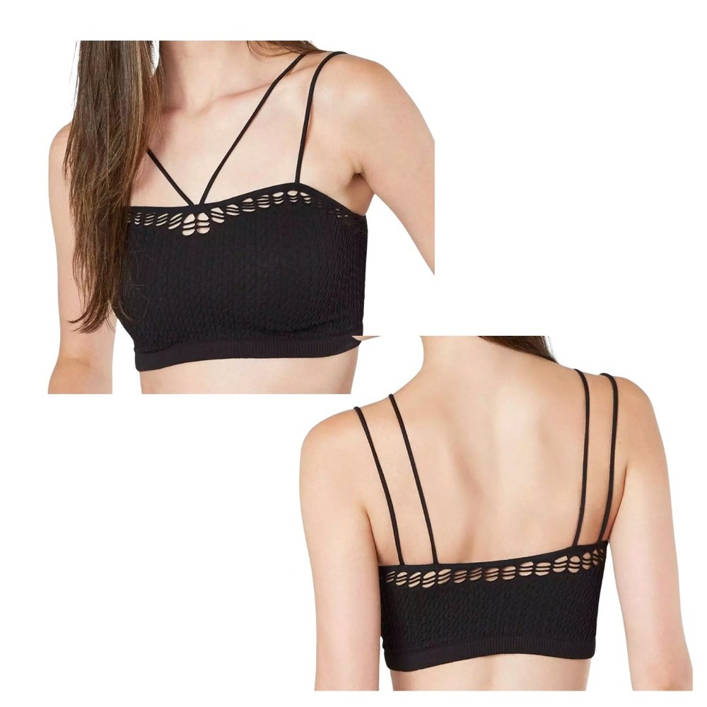 BKE Strappy Bralette Black Textured Multi Crop Top XS/S Laser Cut Scallop